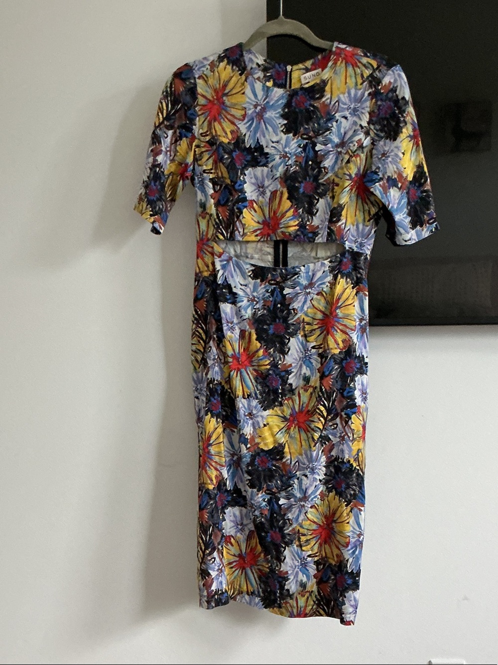 SUNO Floral Cutout Silk Midi Dress in Yellow, Blue & Black